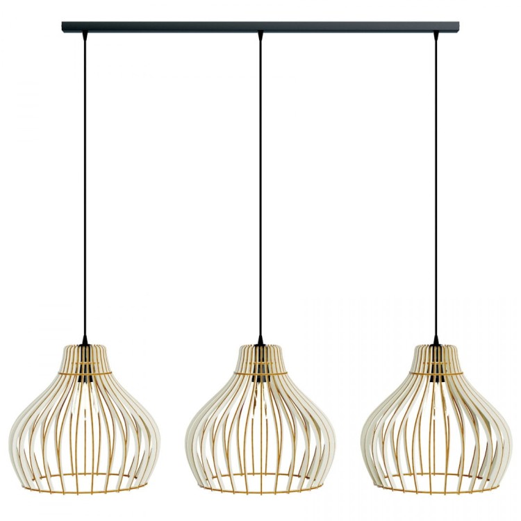 Lampa wisząca BARREL 3xE27 marki Temar ma trzy ażurowe klosze z jasnobrązowej sklejki topolowej. Szerokość 95 cm i regulowana wysokość 50–120 cm sprawiają, że doskonale pasuje nad długi stół, wyspę kuchenną lub barek. Średnica klosza 38 cm, IP20. Do domu.