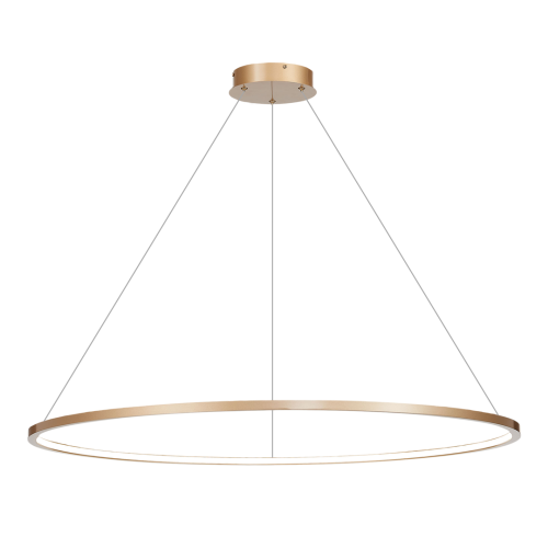 Złota lampa wisząca SATURNO Milagro ML8865 Ø120 cm to smukły ring LED nad stół i do salonu. Moc 65 W, strumień 3500 lm, neutralna barwa 4000 K. Regulowana wysokość 50–100 cm, profil 1,5 cm i stopień ochrony IP44.