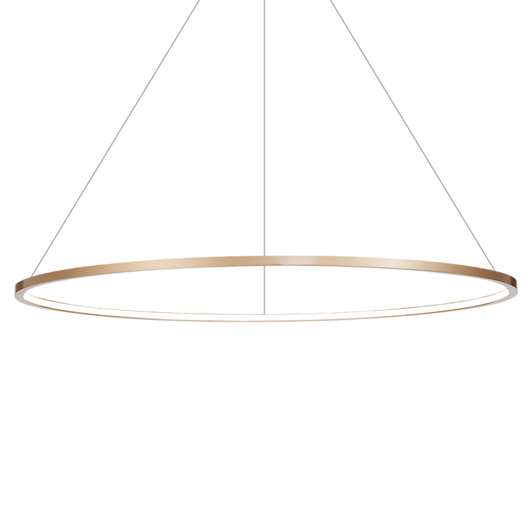 Nowoczesna lampa sufitowa SATURNO ML8865: złoty pierścień Ø120 cm o profilu 1,5 cm. LED 65 W, 3500 lm, neutralne światło 4000 K. Do salonu i jadalni, nad stół. Regulowane zawieszenie 50–100 cm, stopień ochrony IP44.