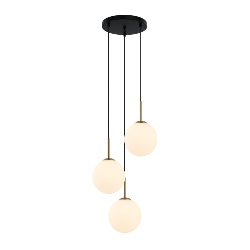 Lampa wisząca DEORE Italux PND-5578-3S-BRO-BK ma trzy białe szklane kule i oprawę w kolorze antycznego brązu. Kaskadowy układ kloszy sprawdzi się nad stołem w jadalni. Średnica 40 cm, 3×E27, IP20.