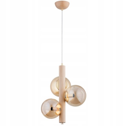 Lampa sufitowa KANET 3xE14 Alfa 62290 zachwyca połączeniem jasnego drewna, złotych detali i bursztynowych kloszy. Wymiary 35 × 35 cm i regulowana wysokość 58–90 cm sprawiają, że doskonale pasuje nad stół lub wyspę kuchenną.