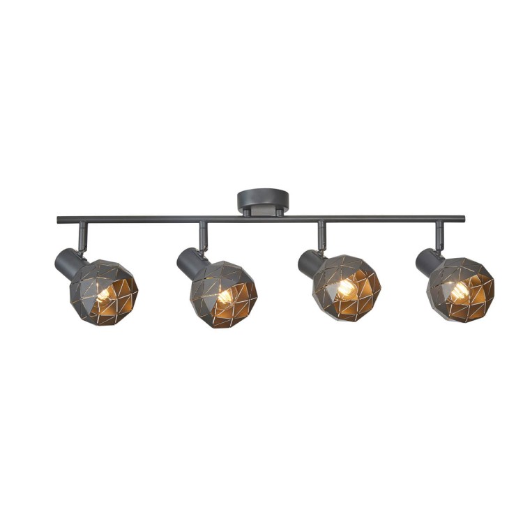 Lampa sufitowa HARLEY Italux SPL-3480-4-GR-GD to grafitowa oprawa z 4 punktami E14 i złotym wnętrzem kloszy. Ażurowe, regulowane klosze pozwalają kierować światło. Metalowa lampa o długości 64 cm pasuje do salonu, kuchni i przedpokoju.