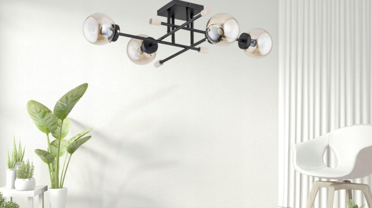 Lampa sufitowa TRANSFER MAX czarna, cztery źródła światła E14 z bursztynowymi kloszami, nowoczesny i ponadczasowy design