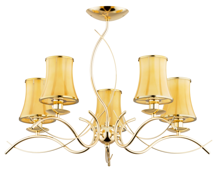 Żyrandol MONZA ART 63173 Alfa – elegancka lampa sufitowa w złotym kolorze z bursztynowymi abażurami. 5x E14 40W, średnica 70 cm, wysokość 47 cm. Polska produkcja, klasyczny styl i ciepłe światło do salonu, jadalni czy sypialni
