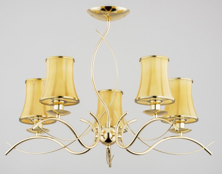 Żyrandol MONZA ART 63173 Alfa – elegancka lampa sufitowa w złotym kolorze z bursztynowymi abażurami. 5x E14 40W, średnica 70 cm, wysokość 47 cm. Polska produkcja, klasyczny styl i ciepłe światło do salonu, jadalni czy sypialni