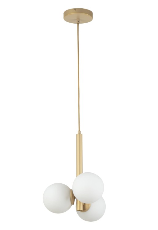 Designerska oprawa PERLA 3xG9 złoty beż, trzy białe klosze w formie kuli, stal lakierowana, regulowana wysokość do 100 cm, elegancka lampa sufitowa Sigma do wnętrz nowoczesnych, skandynawskich i glamour.