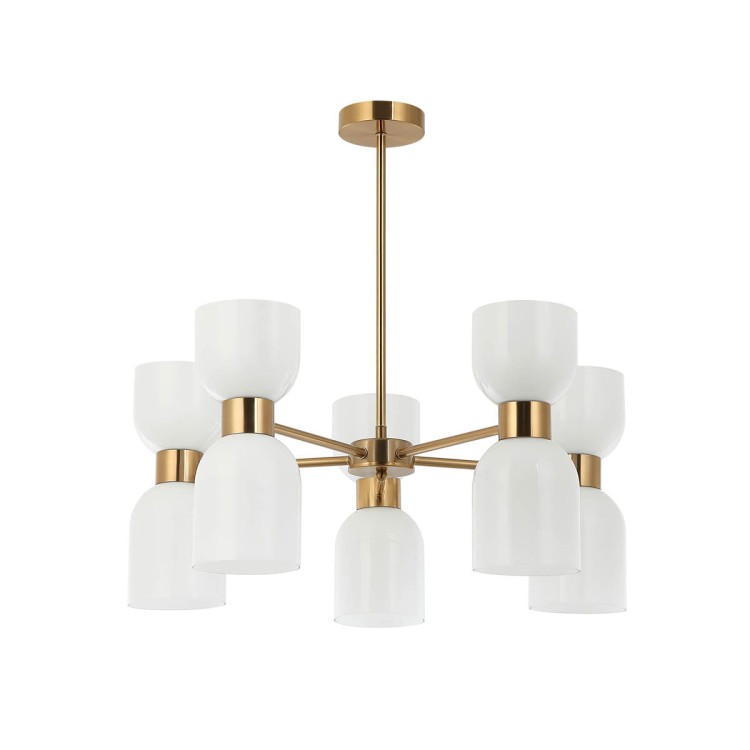 Lampa sufitowa MONZA 5xE27 w kolorze mosiądzu z białymi kloszami to eleganckie oświetlenie do salonu, jadalni i sypialni. Pięć punktów światła zapewnia równomierne oświetlenie, a klasyczna forma pasuje do stylu glamour i modern classic.