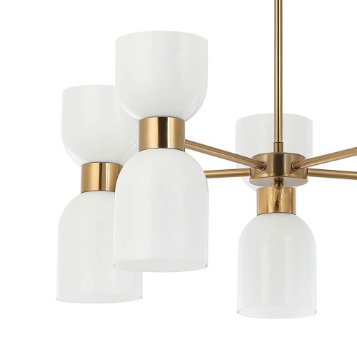 Elegancka lampa sufitowa MONZA 5xE27 wykonana ze stali i szkła to idealny wybór do nowoczesnych i klasycznych wnętrz. Mosiężne wykończenie i mlecznobiałe klosze tworzą stylową dekorację sufitu i przytulne światło.