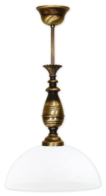 Lampa kuchenna FELIX Lemir O3192/W1 PAT łączy armaturę w kolorze patyny z białym kloszem ze szkła alabastrowego. Model 1xE27 o średnicy 30 cm sprawdzi się nad niewielką wyspą, barkiem lub stołem kuchennym.