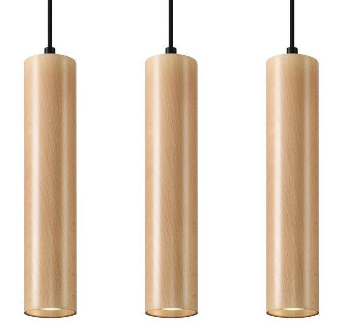 Lampa wisząca LINO 3xGU10 Sollux SL.0638 ma trzy drewniane tuby zawieszone w jednej linii. Doskonale sprawdzi się nad stołem, wyspą kuchenną lub barkiem. Naturalne drewno i czarna podsufitka tworzą nowoczesną kompozycję.