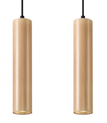 Lampa wisząca LINO 2xGU10 Sollux SL.0637 ma dwie drewniane tuby zawieszone w jednej linii. Doskonale sprawdzi się nad stołem, wyspą kuchenną lub barkiem. Naturalne drewno i czarna podsufitka tworzą nowoczesną kompozycję.