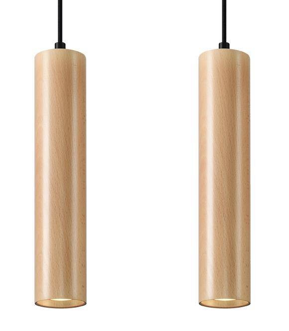 Lampa wisząca LINO 2xGU10 Sollux SL.0637 ma dwie drewniane tuby zawieszone w jednej linii. Doskonale sprawdzi się nad stołem, wyspą kuchenną lub barkiem. Naturalne drewno i czarna podsufitka tworzą nowoczesną kompozycję.