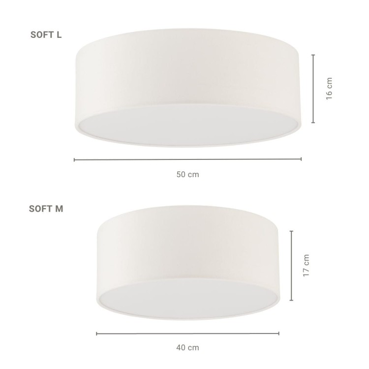 Plafon SOFT 40649 marki Sigma ma średnicę 40 cm, wysokość 17 cm i dwa gwinty E27. Biały abażur z tkaniny oraz dolny klosz tworzą subtelne połączenie do salonu, sypialni, jadalni, pokoju dziennego lub gabinetu.