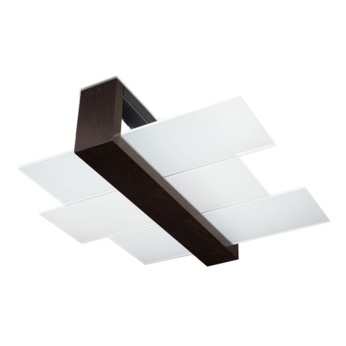 Plafon FENIKS 2xE27 wenge Sollux SL.0074 łączy ciemne drewno z geometrycznie ułożonym szkłem. Lampa o wymiarach 43 × 43 × 12 cm pasuje do salonu, sypialni i jadalni. Obsługuje dwie żarówki E27, także LED.