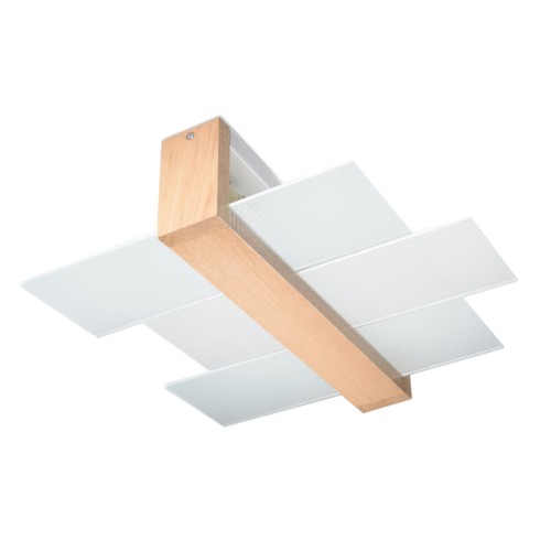 Plafon FENIKS 2xE27 Sollux SL.0076 łączy naturalne drewno z geometrycznie ułożonym szkłem. Lampa o wymiarach 43 × 43 × 12 cm pasuje do salonu, sypialni i jadalni. Obsługuje dwie żarówki E27, także energooszczędne LED.