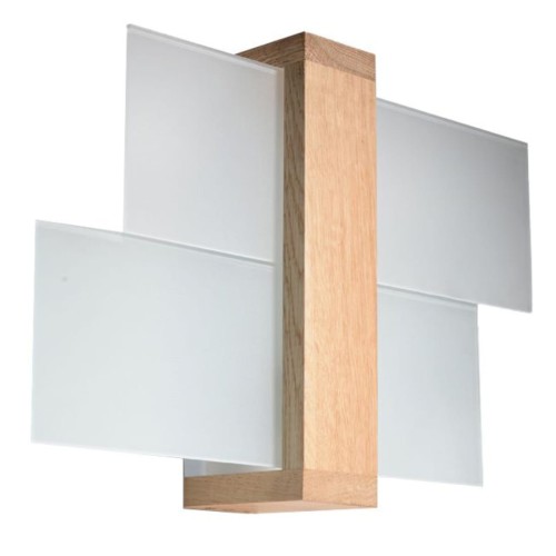 Kinkiet FENIKS 1xE27 Sollux SL.0077 łączy naturalne drewno z geometrycznie ułożonym szkłem. Dekoracyjna lampa ścienna o wymiarach 43 × 12 × 30 cm pasuje do salonu, sypialni, korytarza i holu. Żarówkę należy dokupić osobno.