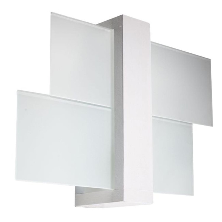 Kinkiet FENIKS 1xE27 biały Sollux SL.0079 łączy drewno z geometrycznie ułożonym szkłem. Lampa ścienna o wymiarach 43 × 12 × 30 cm pasuje do salonu, sypialni, korytarza i holu. Żarówkę E27 należy dokupić osobno.