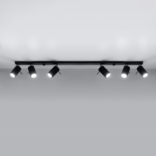 Nowoczesna lampa sufitowa RING 6xGU10 w czarnym kolorze zapewnia funkcjonalne oświetlenie dużych wnętrz. Regulowane klosze pozwalają ustawić kierunek światła, tworząc idealny klimat w salonie lub kuchni.
