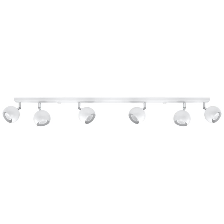 Biały plafon OCULARE SL.0442 marki Sollux posiada 6 regulowanych reflektorów GU10. Metalowa listwa o długości 118 cm sprawdzi się jako funkcjonalne oświetlenie kuchni, salonu, jadalni, korytarza, garderoby lub biura.