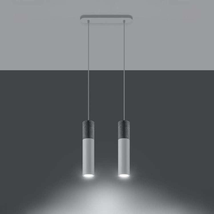 Lampa wisząca BORGIO biała szara z betonu na 2 żaówki GU10. Na listwie nad słót. Polska produkcja Sollux. Soldna konstrukcja dla wymagających.