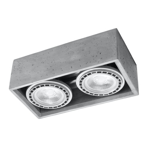 Plafon QUATRO 2xGU10 beton Sollux SL.0884 to szara lampa sufitowa o wymiarach 27 × 14 × 9 cm. Geometryczna forma i naturalna struktura betonu pasują do wnętrz loftowych, industrialnych i nowoczesnych. Żarówki należy dokupić osobno.