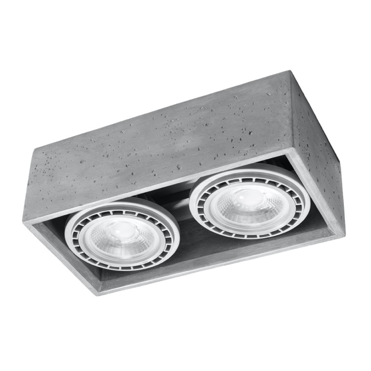 Plafon QUATRO 2xGU10 beton Sollux SL.0884 to szara lampa sufitowa o wymiarach 27 × 14 × 9 cm. Geometryczna forma i naturalna struktura betonu pasują do wnętrz loftowych, industrialnych i nowoczesnych. Żarówki należy dokupić osobno.