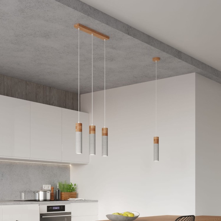 Nowoczesna lampa wisząca ZANE – betonowa tuba z detalem z naturalnego drewna. Minimalistyczny design do kuchni, jadalni i salonu. Wymienne źródło GU10 (max 40W) pozwala dobrać barwę i moc. Regulowana wysokość do 120 cm. IP20. Polska produkcja.