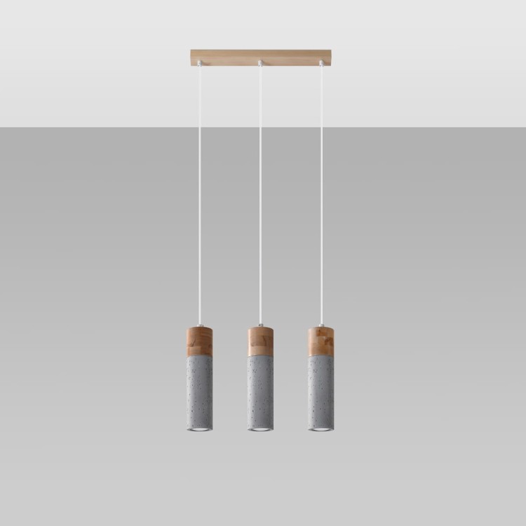 Nowoczesna lampa wisząca ZANE – betonowa tuba z detalem z naturalnego drewna. Minimalistyczny design do kuchni, jadalni i salonu. Wymienne źródło GU10 (max 40W) pozwala dobrać barwę i moc. Regulowana wysokość do 120 cm. IP20. Polska produkcja