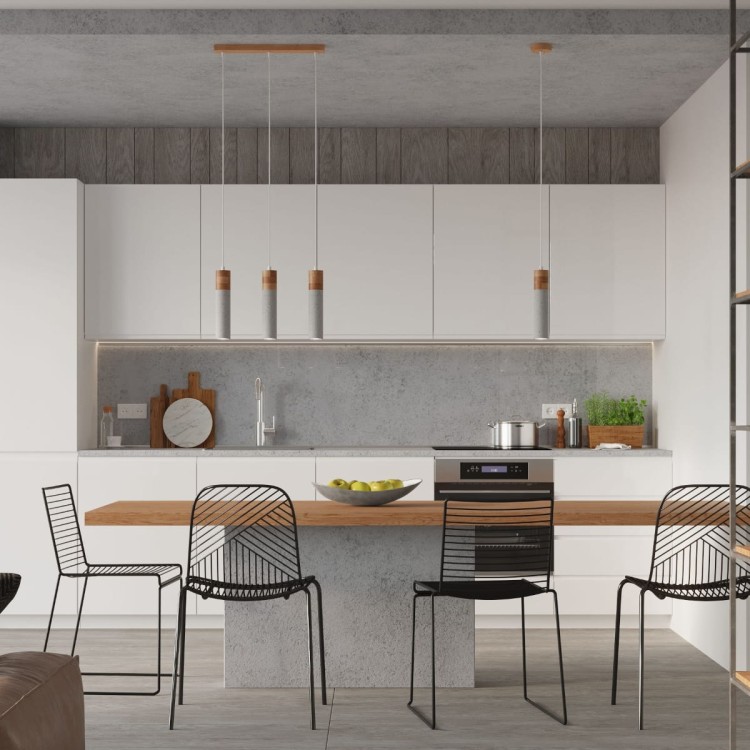 Nowoczesna lampa wisząca ZANE – betonowa tuba z detalem z naturalnego drewna. Minimalistyczny design do kuchni, jadalni i salonu. Wymienne źródło GU10 (max 40W) pozwala dobrać barwę i moc. Regulowana wysokość do 120 cm. IP20. Polska produkcja