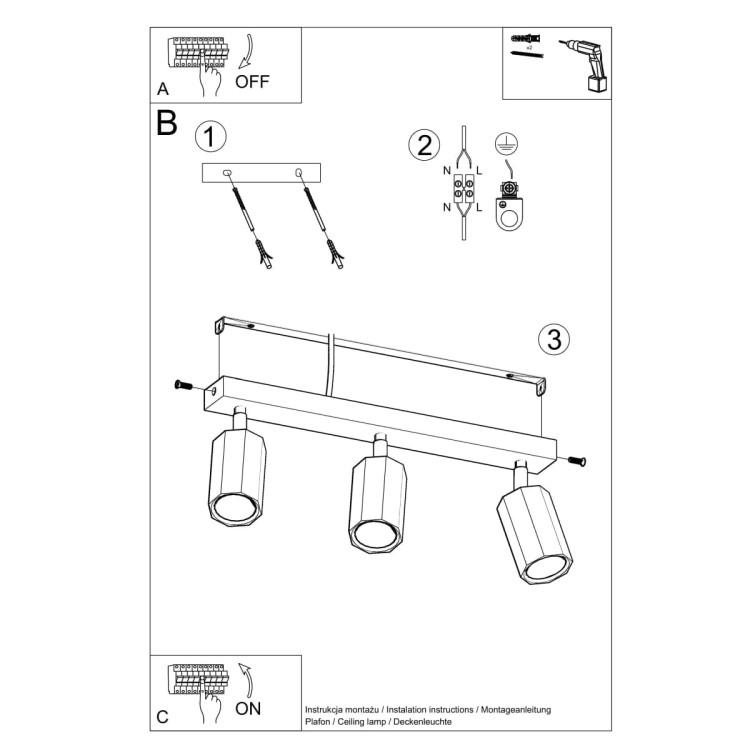 Drewniana lampa sufitowa ZEKE z dębowym wykończeniem i trzema ruchomymi kloszami GU10. Zamontowana na suficie w nowoczesnym wnętrzu. Idealna do salonu, sypialni lub kuchni – łączy minimalizm z naturalnym ciepłem drewna