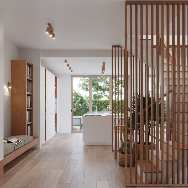 Drewniana lampa sufitowa ZEKE z dębowym wykończeniem i dwoma ruchomymi kloszami GU10. Zamontowana na suficie w nowoczesnym wnętrzu. Idealna do salonu, sypialni lub kuchni – łączy minimalizm z naturalnym ciepłem drewna