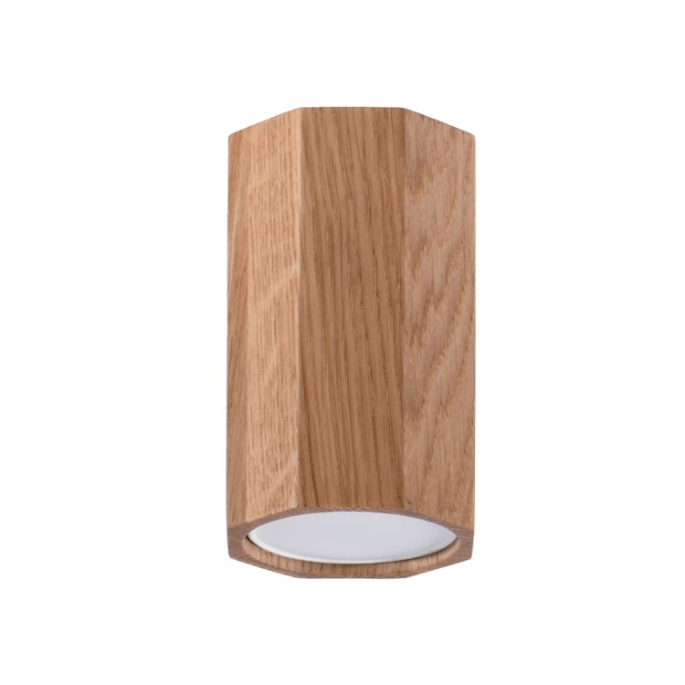 Lampa sufitowa ZEKE z naturalnego drewna dębowego, montowana na suficie. Minimalistyczny, geometryczny klosz w stylu skandynawskim kieruje światło w dół, tworząc ciepły klimat w nowoczesnych, loftowych i przytulnych wnętrzach