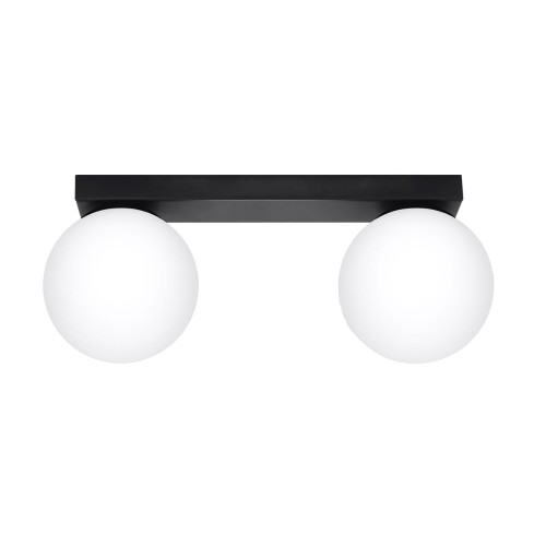 Plafon YOLI 2 Sollux to czarna lampa sufitowa z dwoma białymi kulami. Kompaktowy model 2xG9 o szerokości 34,5 cm doskonale oświetli przedpokój, korytarz, sypialnię, garderobę lub niewielką kuchnię.