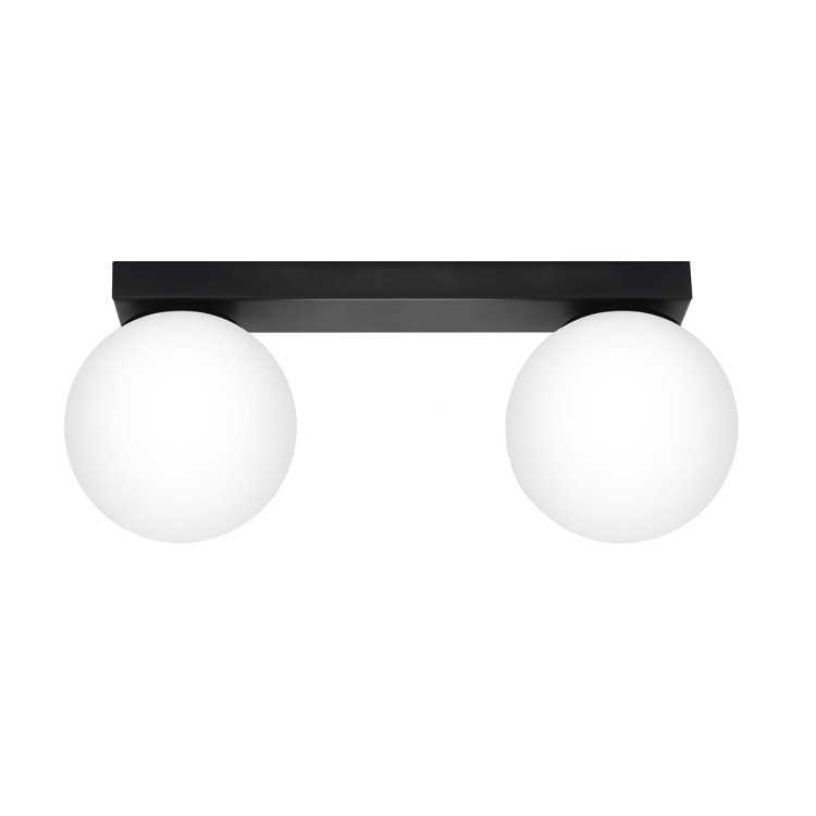 Plafon YOLI 2 Sollux to czarna lampa sufitowa z dwoma białymi kulami. Kompaktowy model 2xG9 o szerokości 34,5 cm doskonale oświetli przedpokój, korytarz, sypialnię, garderobę lub niewielką kuchnię.