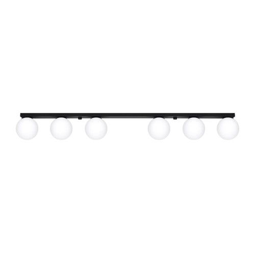 Plafon YOLI 6 Sollux to czarna lampa sufitowa z sześcioma białymi kulami. Model 6xG9 o długości 120 cm równomiernie oświetli duży stół, wyspę kuchenną, barek lub przestronny salon.