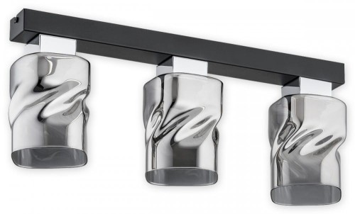 Plafon MERU 3xE27 Lemir to elegancka lampa sufitowa z trzema grafitowymi kloszami ze szkła i chromowanymi detalami. Szerokość 51 cm oraz funkcja podziału świecenia 2+1 sprawiają, że doskonale sprawdzi się w salonie, kuchni i sypialni.