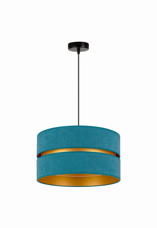 Lampa DUO to elegancka oprawa oświetleniowa w kolorze turkusowym ze złotym wnętrzem. Idealna do salonu, jadalni i sypialni. Klosz Ø 40 cm, wysokość 22 cm, zwis 100 cm. Gniazdo E27, polska produkcja, nowoczesny design i wyjątkowy klimat w każdym wnętrzu.