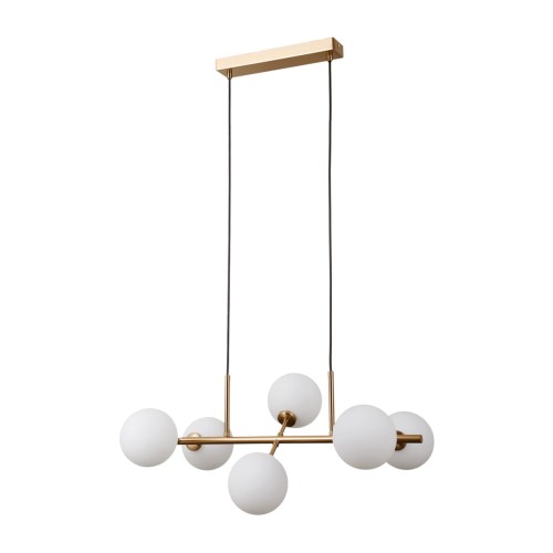 Lampa sufitowa MIRELLIO 6xG9 Italux w kolorze mosiądzu miodowego to eleganckie oświetlenie z białymi kulistymi kloszami. Regulowana wysokość do 150 cm sprawia, że idealnie pasuje nad stół, wyspę kuchenną, do jadalni, salonu i kuchni.