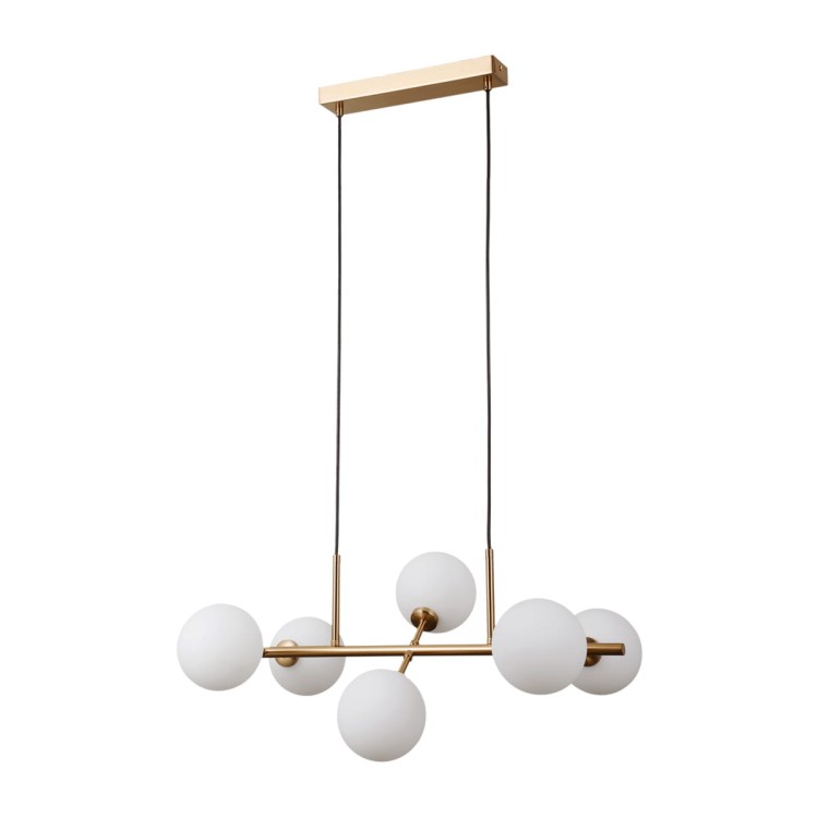 Lampa sufitowa MIRELLIO 6xG9 Italux w kolorze mosiądzu miodowego to eleganckie oświetlenie z białymi kulistymi kloszami. Regulowana wysokość do 150 cm sprawia, że idealnie pasuje nad stół, wyspę kuchenną, do jadalni, salonu i kuchni.