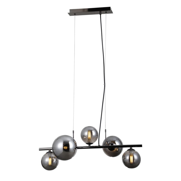 Lampa sufitowa CANELLO Italux 5xG9 w kolorze czarnego chromu z dymionymi kulami ze szkła. Nowoczesna i elegancka oprawa oświetleniowa wykonana z metalu i szkła, idealna do salonu, jadalni i sypialni. Wysokość całkowita 75,5 cm. Gwarancja 2 lata