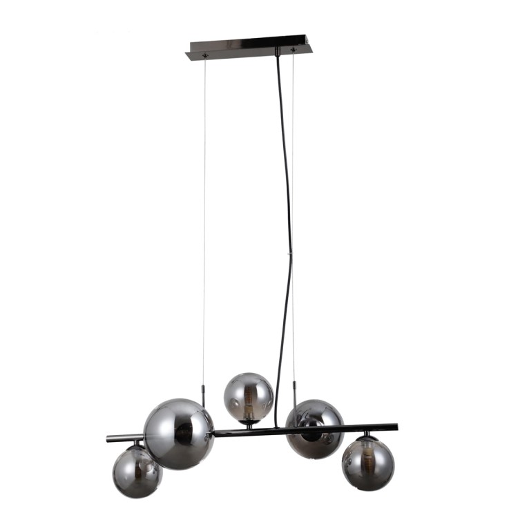 Lampa sufitowa CANELLO Italux 5xG9 w kolorze czarnego chromu z dymionymi kulami ze szkła. Nowoczesna i elegancka oprawa oświetleniowa wykonana z metalu i szkła, idealna do salonu, jadalni i sypialni. Wysokość całkowita 75,5 cm. Gwarancja 2 lata
