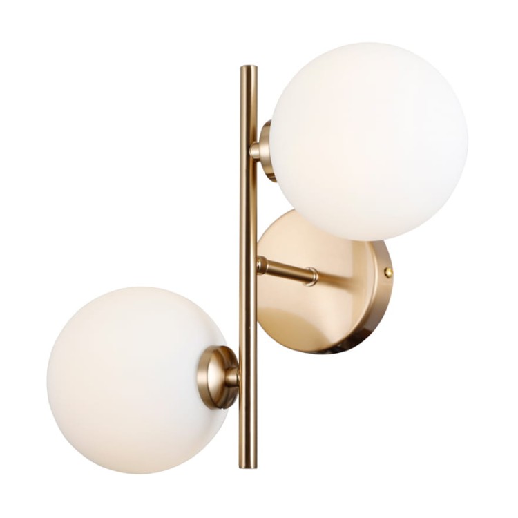 Kinkiet MIRELLIO 2xG9 Italux w kolorze mosiądzu miodowego to elegancka lampa ścienna z kulistymi kloszami. Idealna do salonu, sypialni i korytarza. Zapewnia przyjemne, rozproszone światło i podkreśla styl wnętrza.