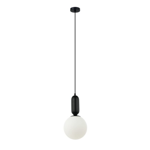Lampa sufitowa ALDEVA Italux z mlecznym kloszem w kształcie kuli to eleganckie oświetlenie do nowoczesnych wnętrz. Czarna oprawa, średnica 20 cm i oprawka E27 sprawiają, że doskonale sprawdzi się nad stołem, wyspą kuchenną lub blatem.