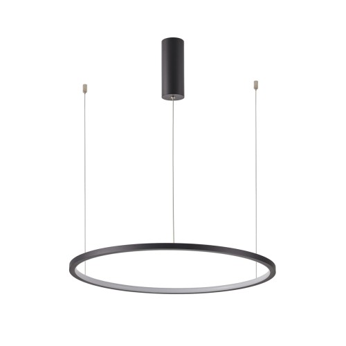 Lampa wisząca VINOLA LED 38W w formie czarnego pierścienia oferuje 3040 lm oraz zmianę barwy światła 3000K/4000K. Średnica 60 cm i regulowana wysokość do 150 cm sprawdzą się nad stołem, wyspą kuchenną i w salonie.