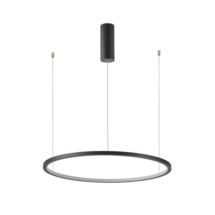 Lampa wisząca VINOLA LED 38W w formie czarnego pierścienia oferuje 3040 lm oraz zmianę barwy światła 3000K/4000K. Średnica 60 cm i regulowana wysokość do 150 cm sprawdzą się nad stołem, wyspą kuchenną i w salonie.