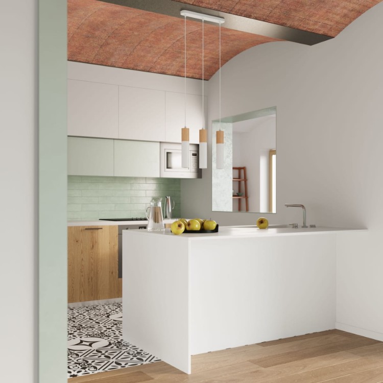 Nowoczesna lampa punktowa PABLO w eleganckim wnętrzu – minimalistyczny design, drewniany akcent i funkcjonalna forma. Idealna do salonu, kuchni lub przedpokoju w stylu skandynawskim lub loftowym. Subtelne oświetlenie i wyjątkowy styl