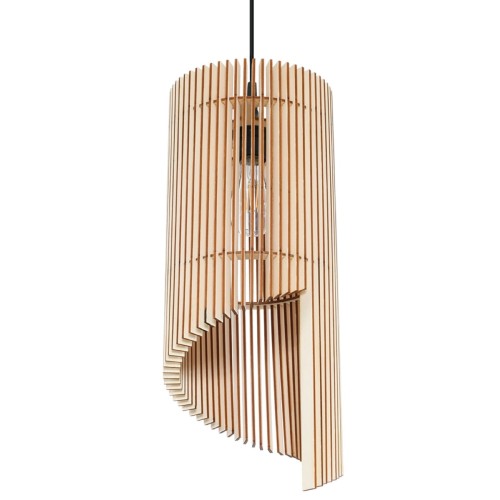 Lampa wisząca ALEXIA 1xE27 Sollux SL.0640 ma ażurowy klosz z naturalnego drewna. Pionowe listewki tworzą dekoracyjne cienie na ścianach i suficie. Model sprawdzi się nad stołem, wyspą kuchenną, barkiem lub stolikiem.