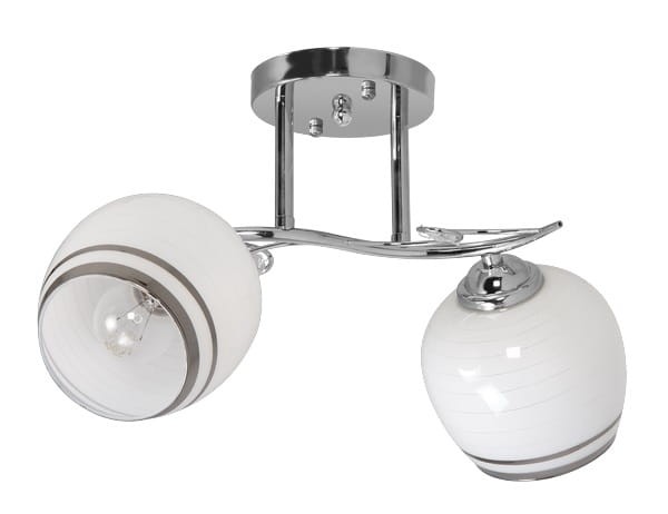 Lampa sufitowa OFELIA Venti W-N1575/2 chrom z dwoma białymi kloszami w połysku z chromową obwódką. Wykonana z metalu i szkła. Wymiary: szerokość 41 cm, wysokość 26 cm. Źródło światła 2x E27 60W (brak w zestawie, możliwość LED