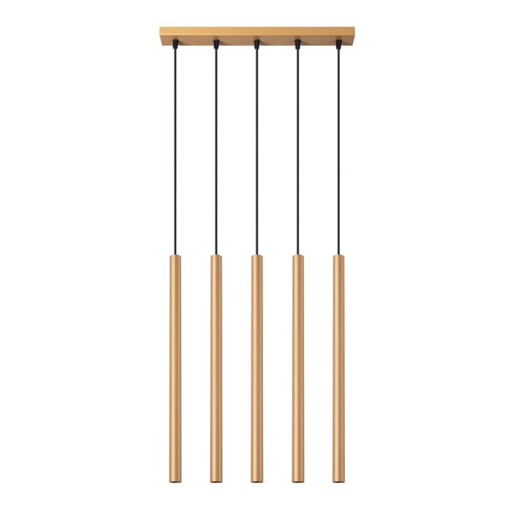 Lampa wisząca PASTELO SL.1173 w złotym kolorze to nowoczesne oświetlenie z 5 smukłymi tubami G9 LED. Idealna nad stół, wyspę kuchenną lub barek. Minimalistyczny design doskonale pasuje do wnętrz glamour, loft i modern.