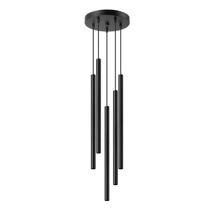 Lampa wisząca PASTELO 5P Sollux to nowoczesne oświetlenie z pięcioma czarnymi tubami G9. Kaskadowa forma doskonale prezentuje się nad stołem, wyspą kuchenną i barkiem. Minimalistyczny design idealnie pasuje do wnętrz loftowych i nowoczesnych.